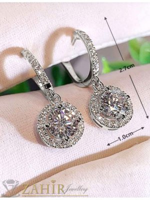 Уникални блестящи халки с висулка кръгъл фасетиран циркон с малки кристали,сребърно покритие, английско закопчаване, размери 2,7 на 1 см   - O3059